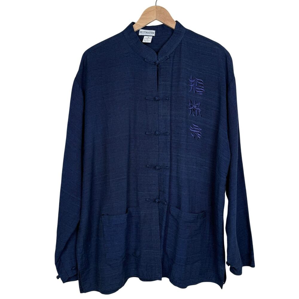 Vtg Destination 100% Silk Frog Closure Embroidered Shirt Men’s XL Asian Inspired